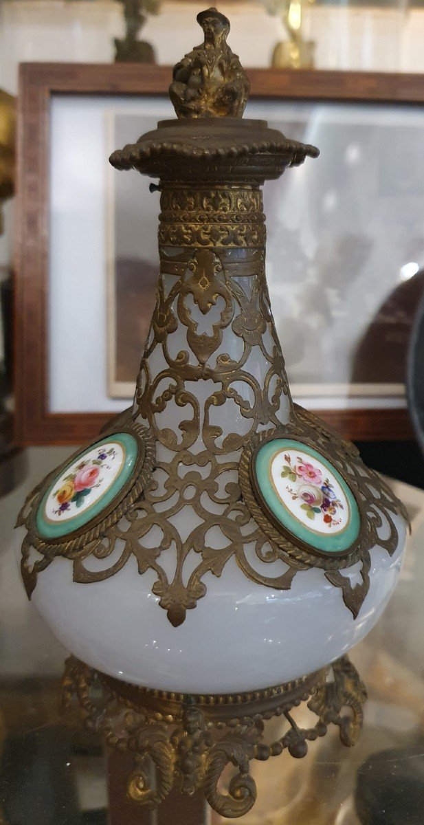 White Opaline Bottle19th Century With A Chinese Man 