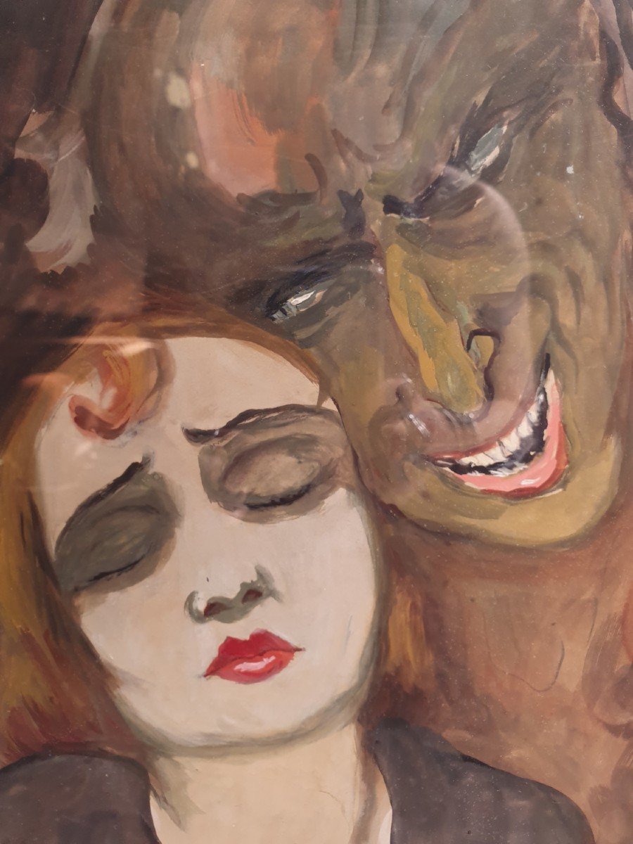 Gouache Encadrée Femme Et Démon Par Fred Pailhès 1932-photo-2