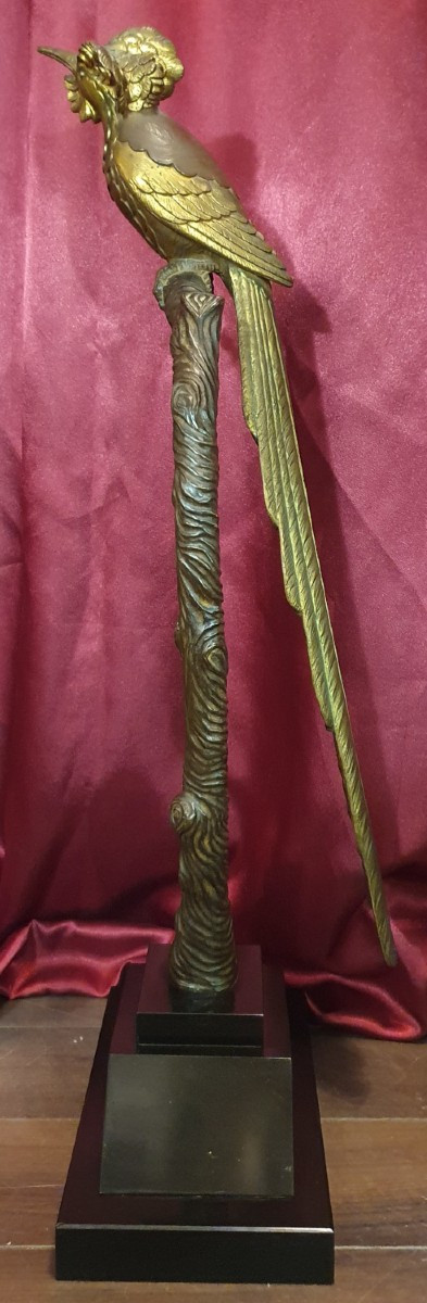 Sculpture D’oiseau Sur Une Branche En Bronze Et Socle En Marbre Signée Molins Circa 1930-photo-2