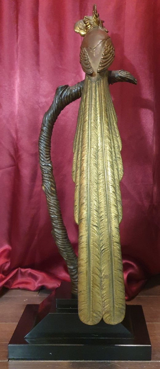 Sculpture D’oiseau Sur Une Branche En Bronze Et Socle En Marbre Signée Molins Circa 1930-photo-3