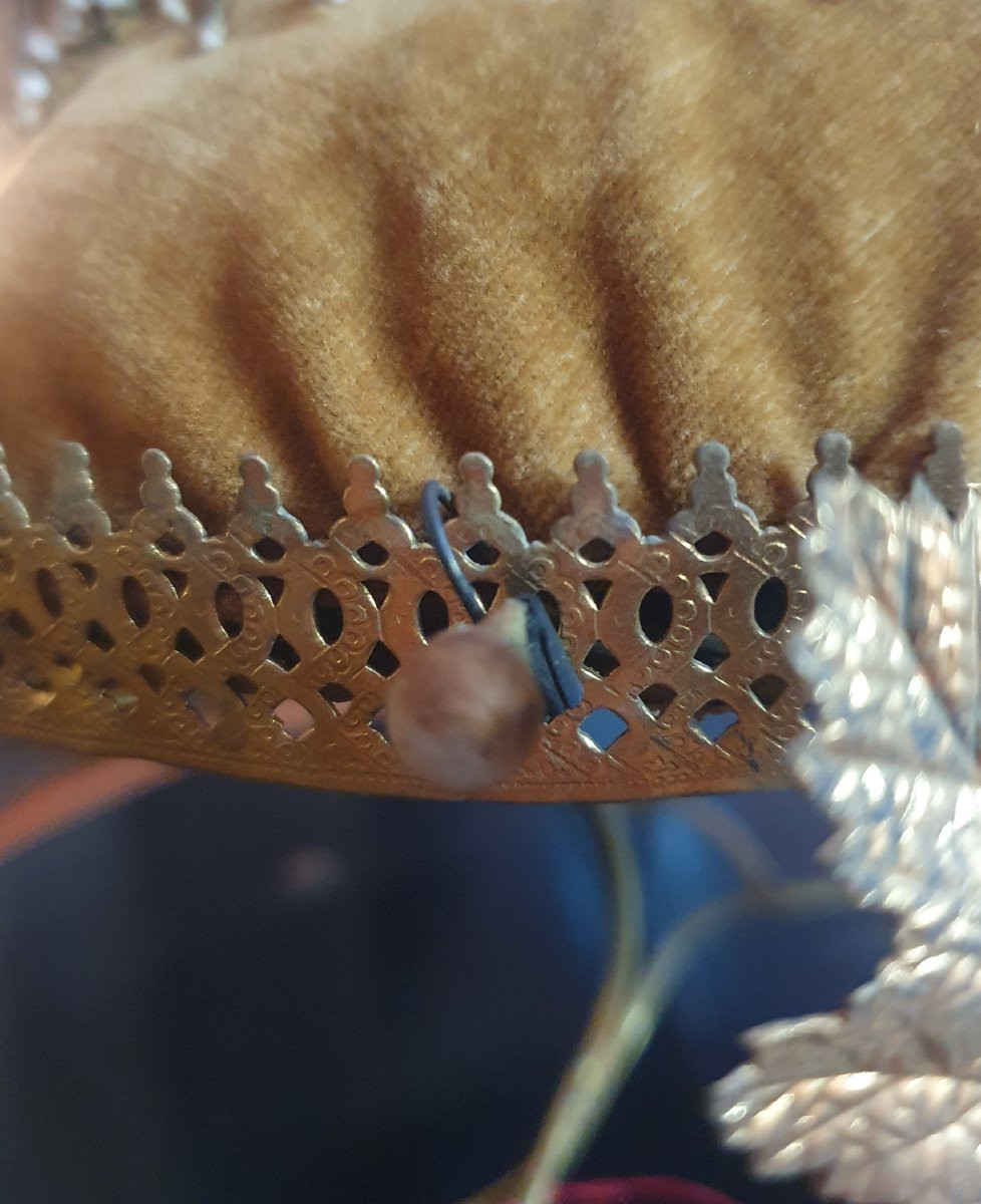 Globe de mariée Napoléon III à base ovale, avec couronne, boucles d'oreille et branchages-photo-4
