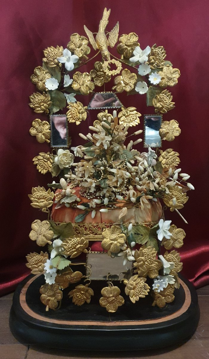 Napoleon III Wedding Globe With Oval Mirror Base, Crown And Bouquet.-photo-2