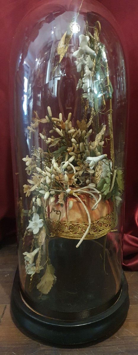 Napoleon III Wedding Globe With Oval Mirror Base, Crown And Bouquet.-photo-3