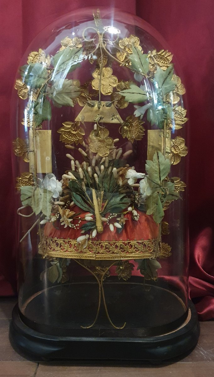 Napoleon III Wedding Globe With Oval Mirror Base, Crown And Bouquet.-photo-4