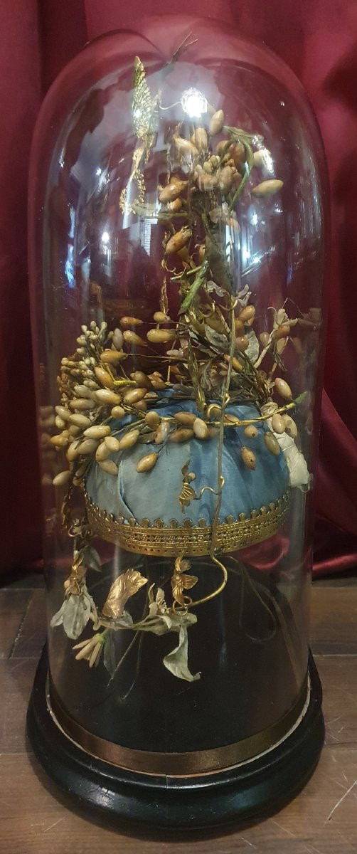 Globe de mariage Napoléon III à base ovale, miroir ovale central, couronne, bouquet et broche-photo-3