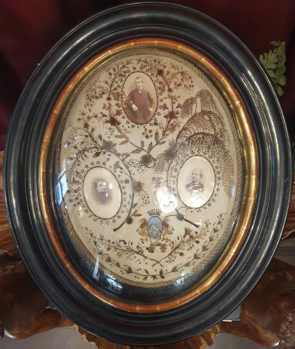 Cadre ancien en cheveux à décor héraldique, photographies et sable teinté