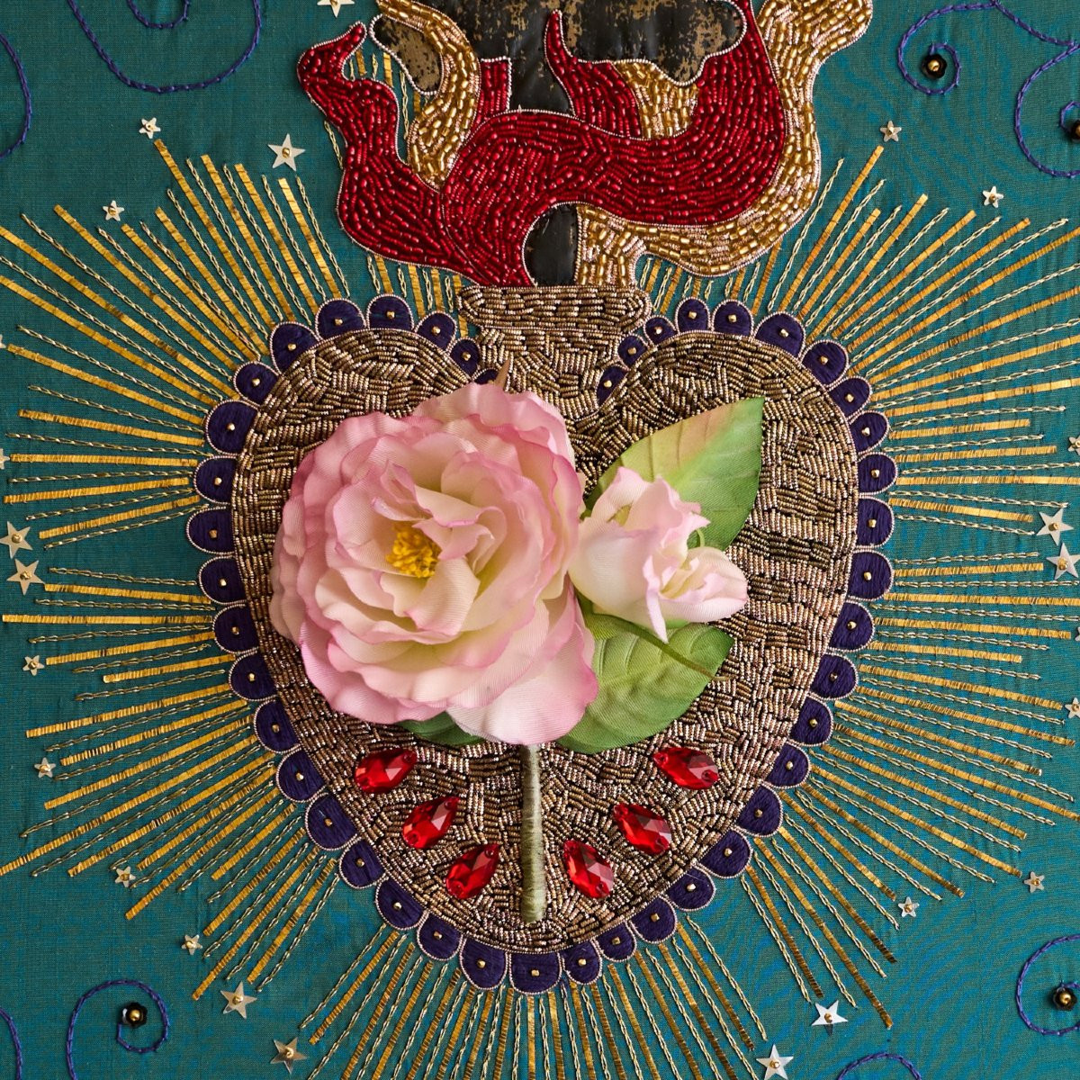Contemporary Work Sacred Heart Embroidered Painting By Manuela Biocca-photo-2