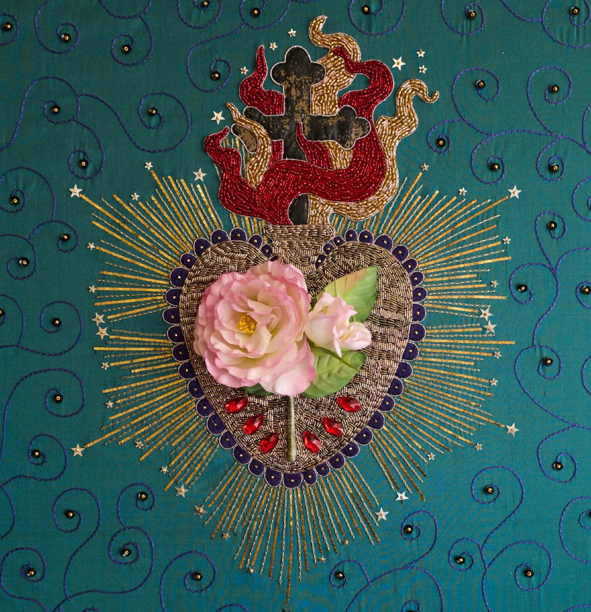 Contemporary Work Sacred Heart Embroidered Painting By Manuela Biocca-photo-3