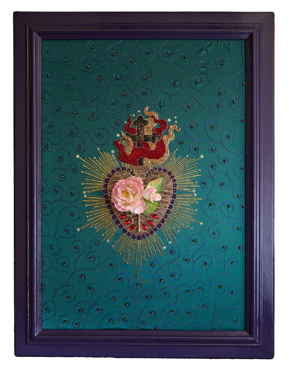 Contemporary Work Sacred Heart Embroidered Painting By Manuela Biocca