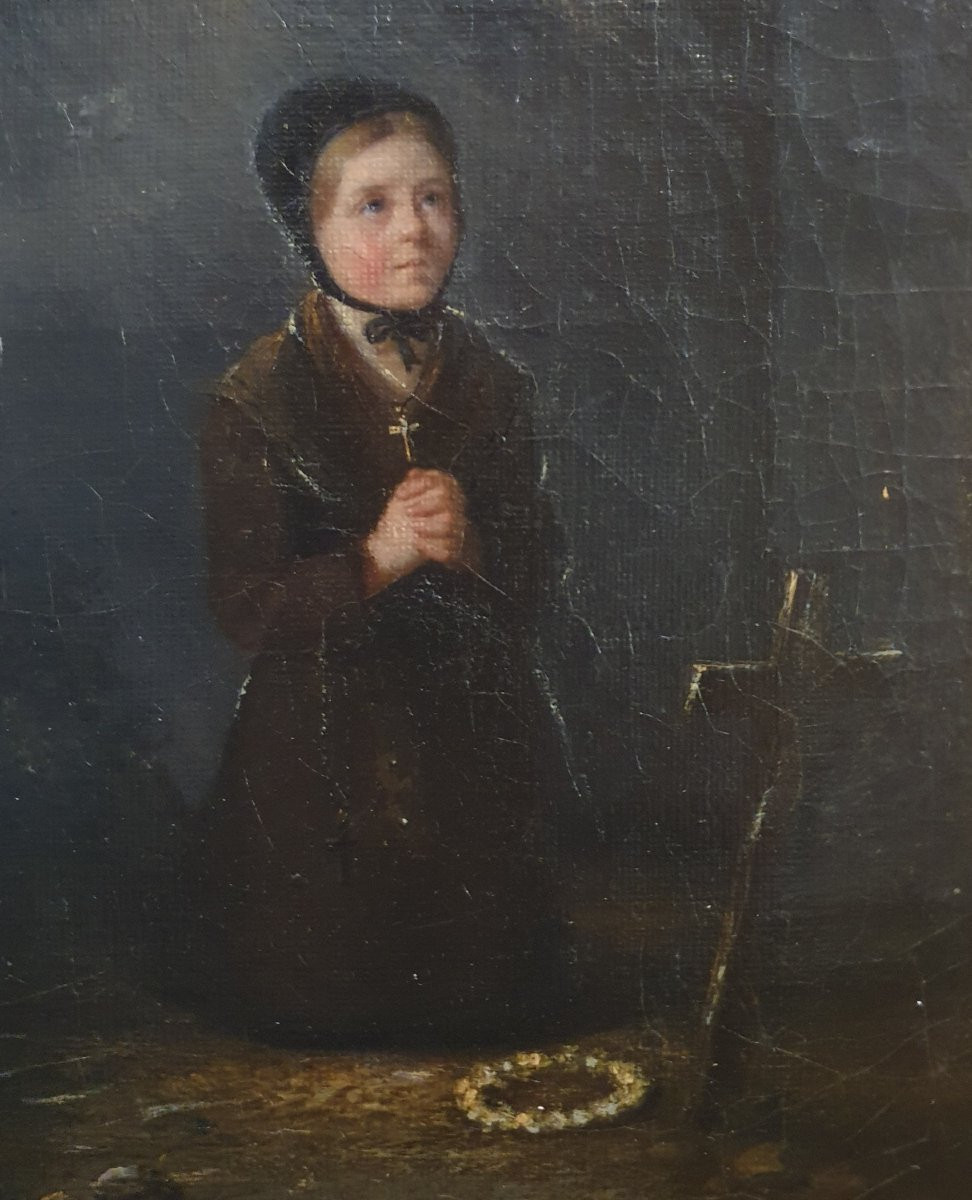 Oil On Canvas, Girl Praying In The Cemetery, French School, Circa 1850–1865-photo-3