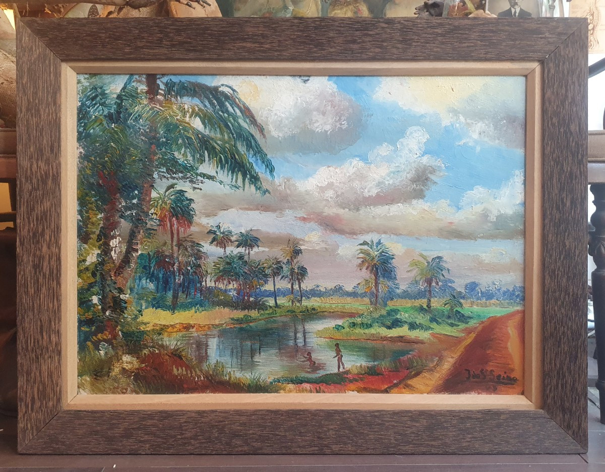 Oil Painting: Lively African Landscape, Ziguinchor, 1963, By Jacques De Saint-seine