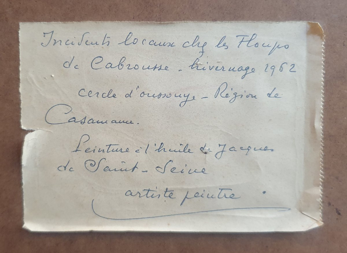 Huile sur panneau, Scène en Casamance chez les flops 1962 par Jacques de Saint-Seine-photo-3