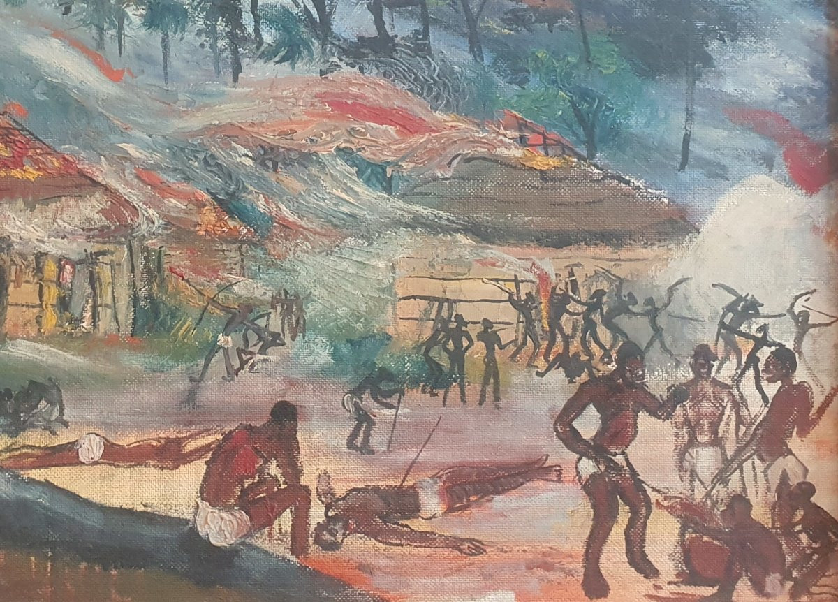 Huile sur panneau, Scène en Casamance chez les flops 1962 par Jacques de Saint-Seine-photo-4