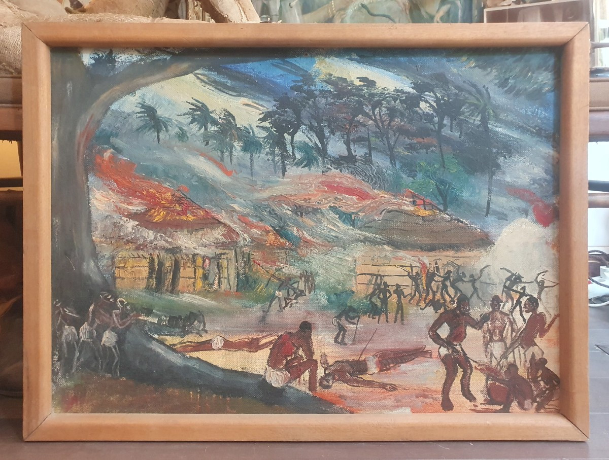 Huile sur panneau, Scène en Casamance chez les flops 1962 par Jacques de Saint-Seine