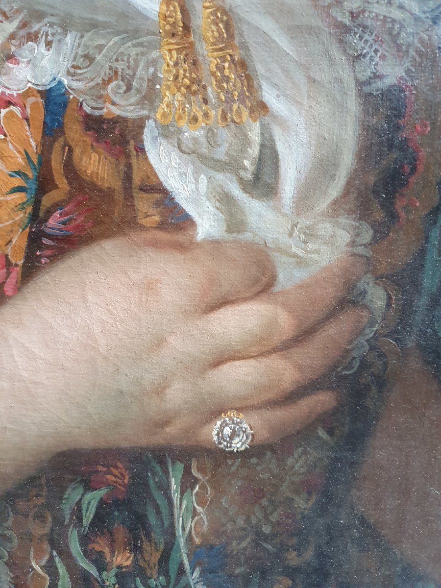 Portrait d'une femme de la bourgeoisie en costume richement ouvragé daté 1759 -photo-4
