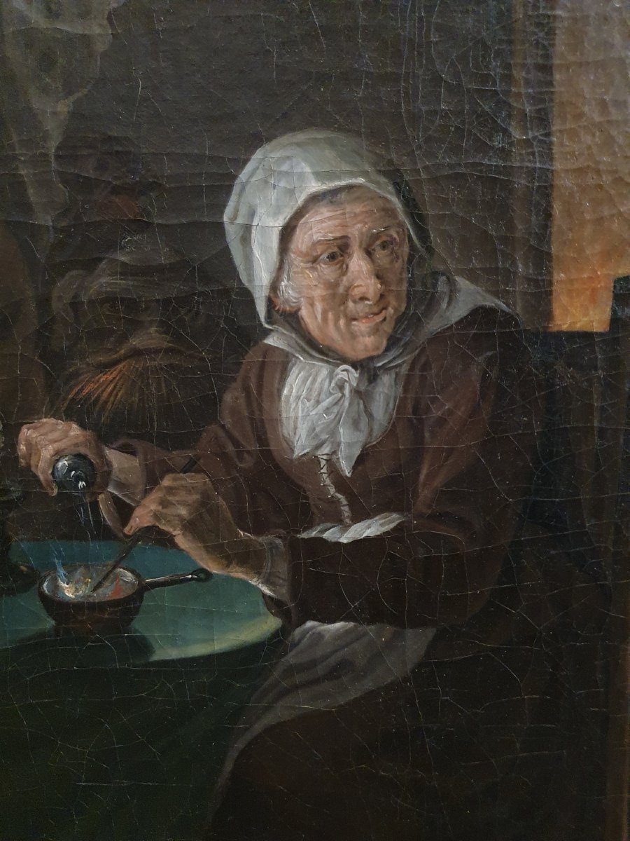 Huile sur toile XVIIIᵉ siècle d’après David Teniers «Sorcières se préparant pour le Sabbat»-photo-4