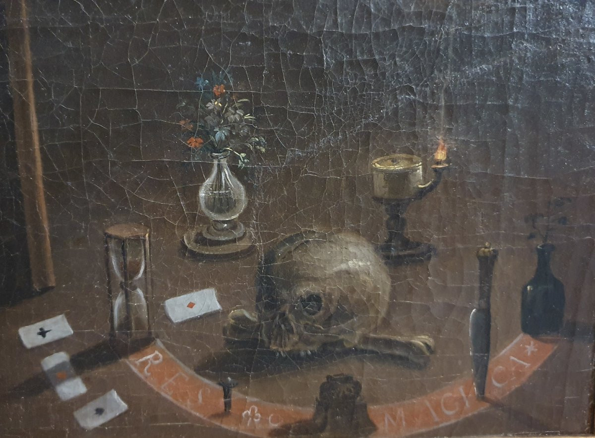 Huile sur toile XVIIIᵉ siècle d’après David Teniers «Sorcières se préparant pour le Sabbat»-photo-1