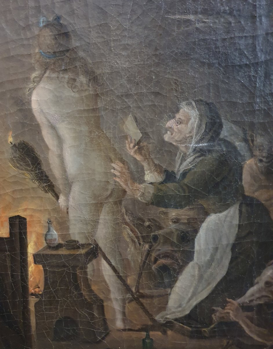 Huile sur toile XVIIIᵉ siècle d’après David Teniers «Sorcières se préparant pour le Sabbat»-photo-2