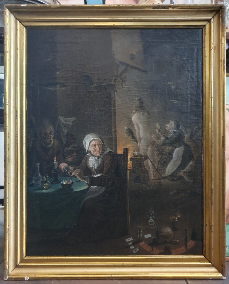 Huile sur toile XVIIIᵉ siècle d’après David Teniers «Sorcières se préparant pour le Sabbat»