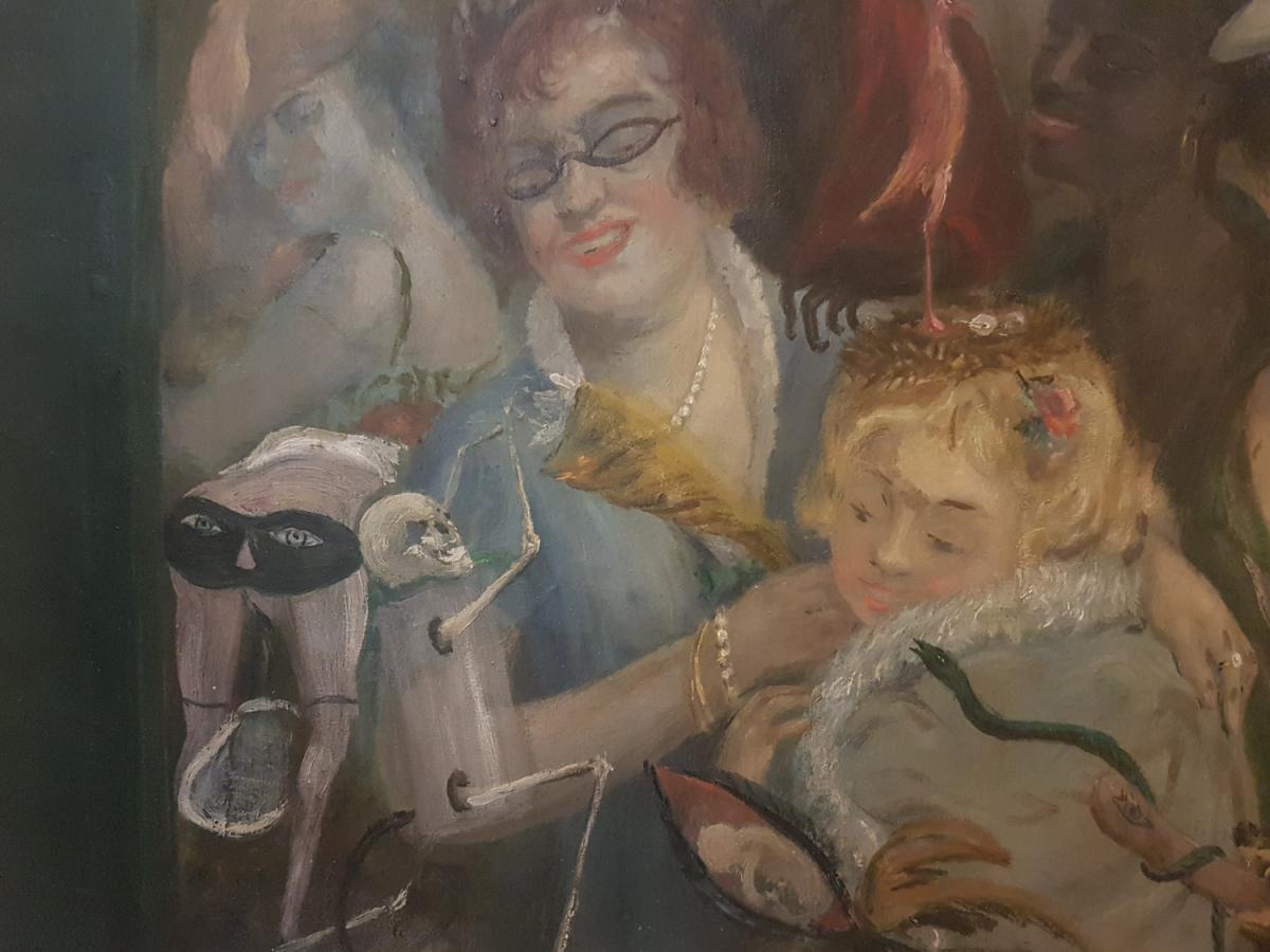 Painting Of Curiosity Oil On Canvas, Unsigned 1940's With Devil, Skeleton, Satyr, Dog And Women-photo-2