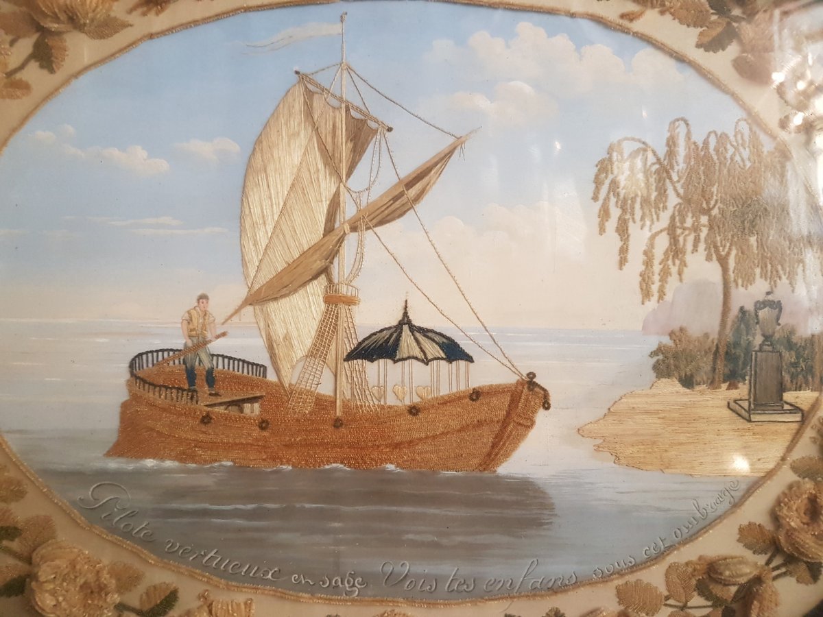 Embroidery Board Silk Threads, Representing A Boat. 19th-photo-2