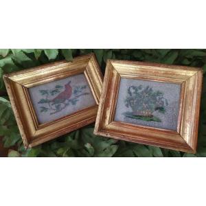 Pair Of Pearl Embroidery Pictures Showing A Bird And A Basket Of Flowers