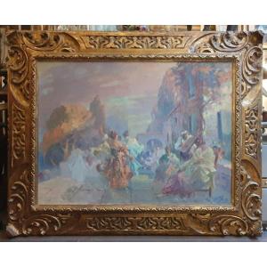 Gallant Party Scene In The Street Oil On Canvas And Its Frame By Gabriel Griffon (1866-1938)