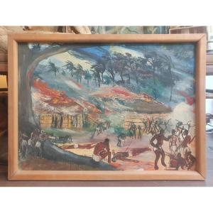 Huile sur panneau, Scène en Casamance chez les flops 1962 par Jacques de Saint-Seine