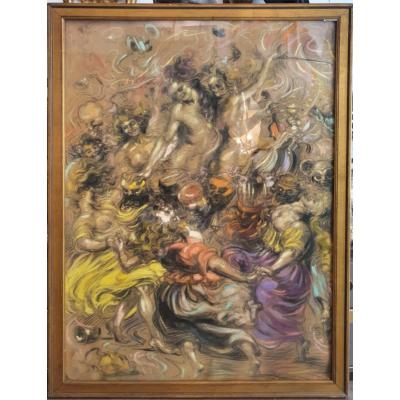 Pastel Carnival Scene Signed By Henry De Groux Dated 1925