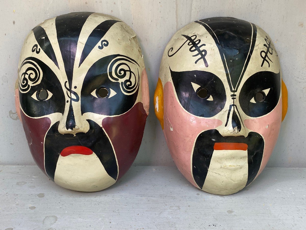 Pair Of Japanese Theater Masks - Meiji Period -