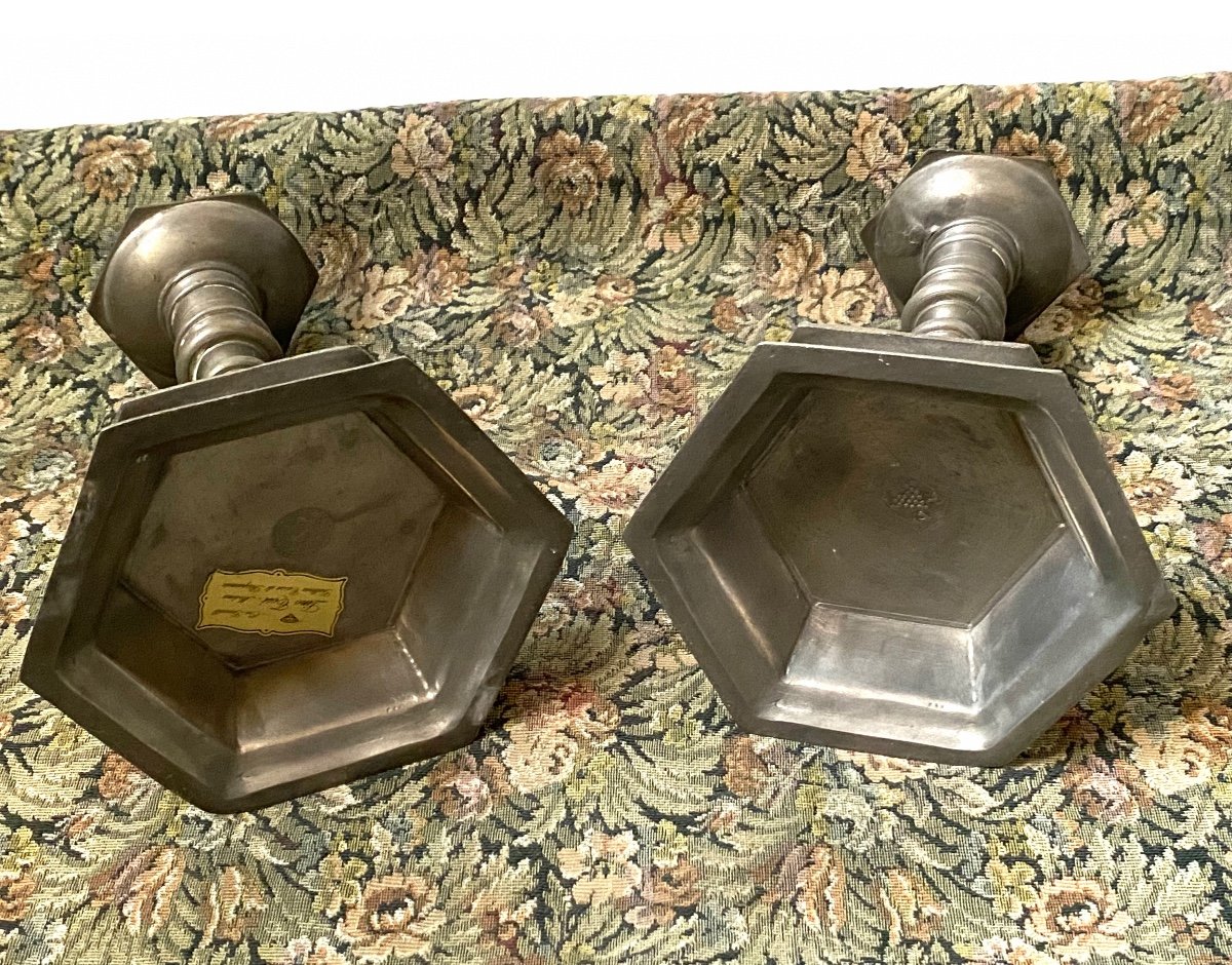 Rare Paire De Bougeoirs Chandeliers Italoen En étain-photo-3