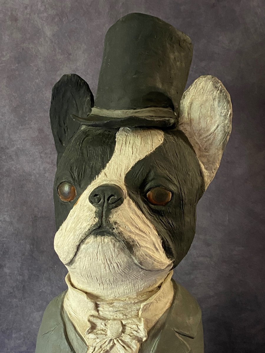 Old Sculpture Depicting A Caricature Of A French Bulldog - Papier-mâché And Wood - Signed --photo-2