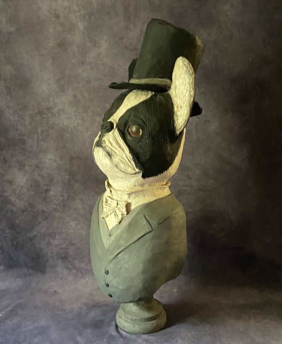 Old Sculpture Depicting A Caricature Of A French Bulldog - Papier-mâché And Wood - Signed --photo-3