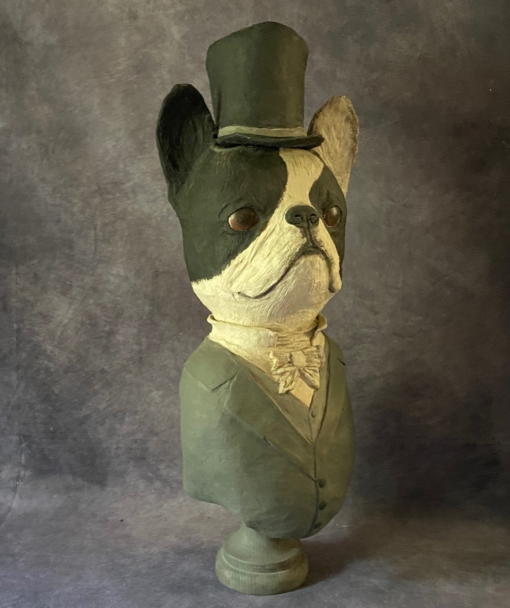 Old Sculpture Depicting A Caricature Of A French Bulldog - Papier-mâché And Wood - Signed --photo-4
