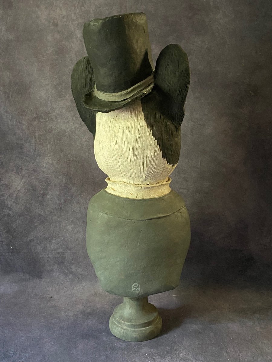 Old Sculpture Depicting A Caricature Of A French Bulldog - Papier-mâché And Wood - Signed --photo-1