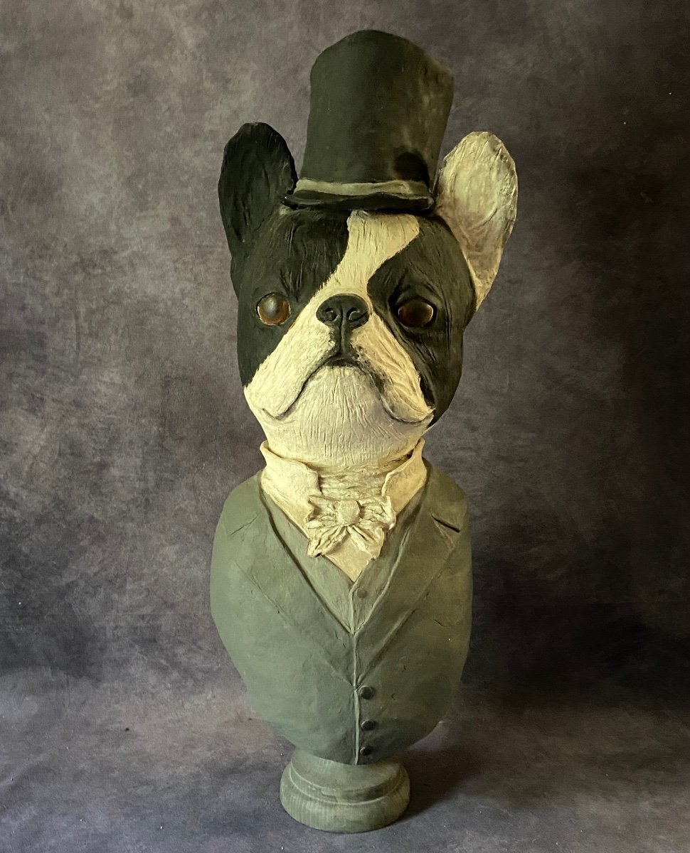 Old Sculpture Depicting A Caricature Of A French Bulldog - Papier-mâché And Wood - Signed -