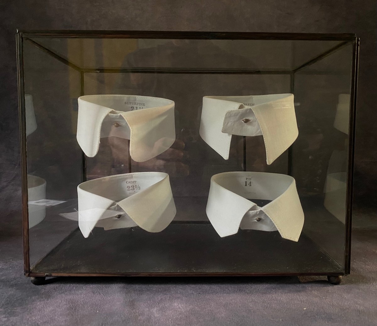 Vintage Glass And Iron Display Cabinet Containing A Series Of Shirt Collars.-photo-4
