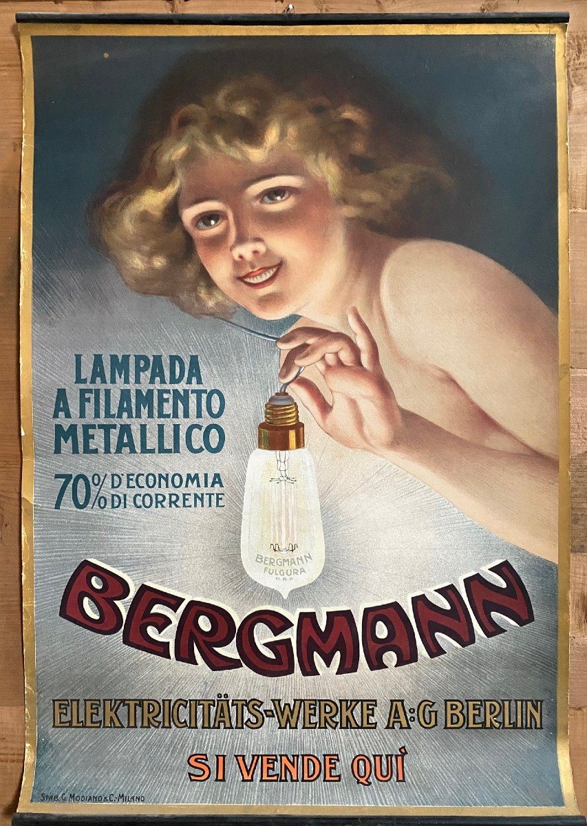 Magnifique Affiche  Publicitaire  Ampoule Type Edison  - Fin 1800. Debut 1900