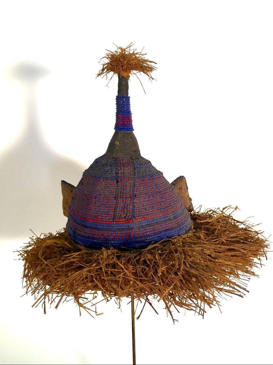 African Tribal Headdress With Beads And Raffia- Kuba? Purchased In The 1960s-photo-2