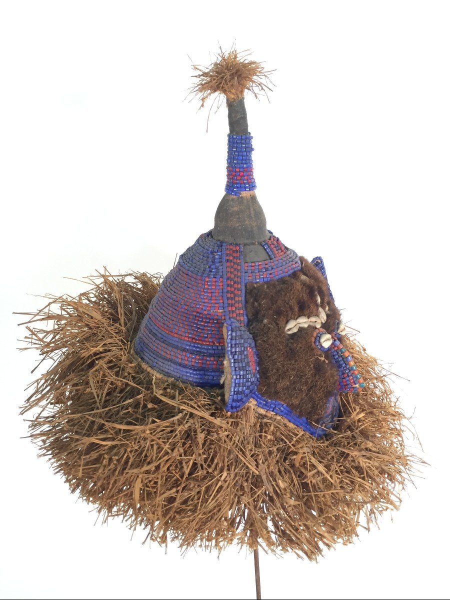African Tribal Headdress With Beads And Raffia- Kuba? Purchased In The 1960s-photo-1