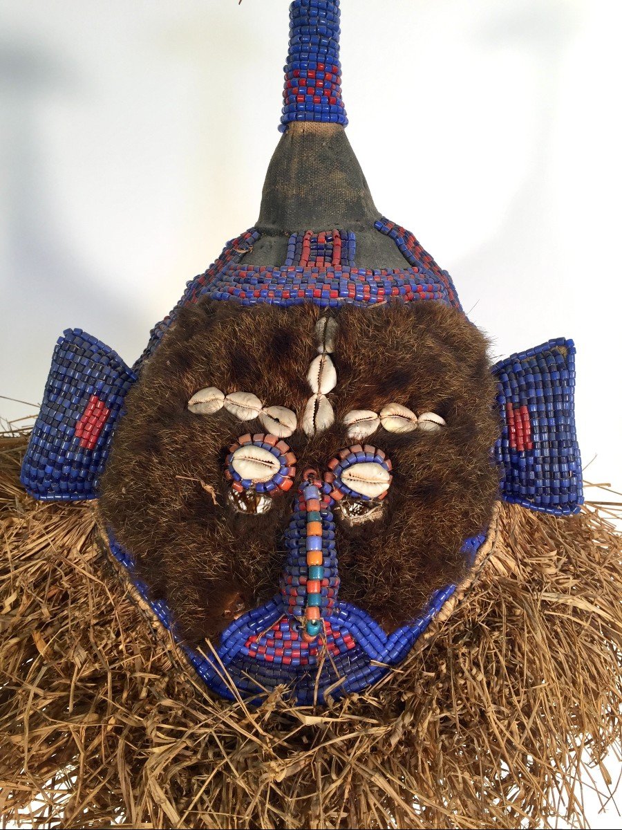 African Tribal Headdress With Beads And Raffia- Kuba? Purchased In The 1960s
