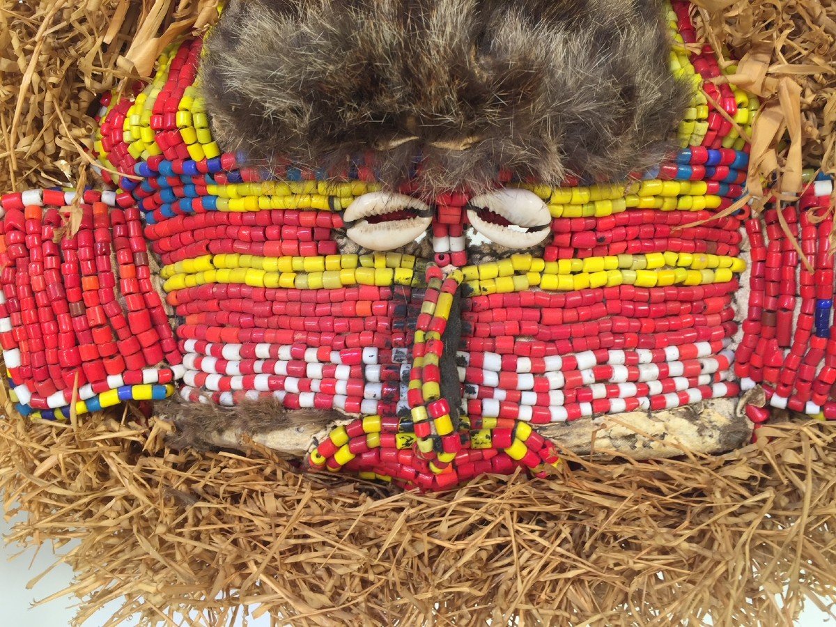 Pair Of African Masks With Beads - Fur And Raffia - Kuba? 1960-photo-3