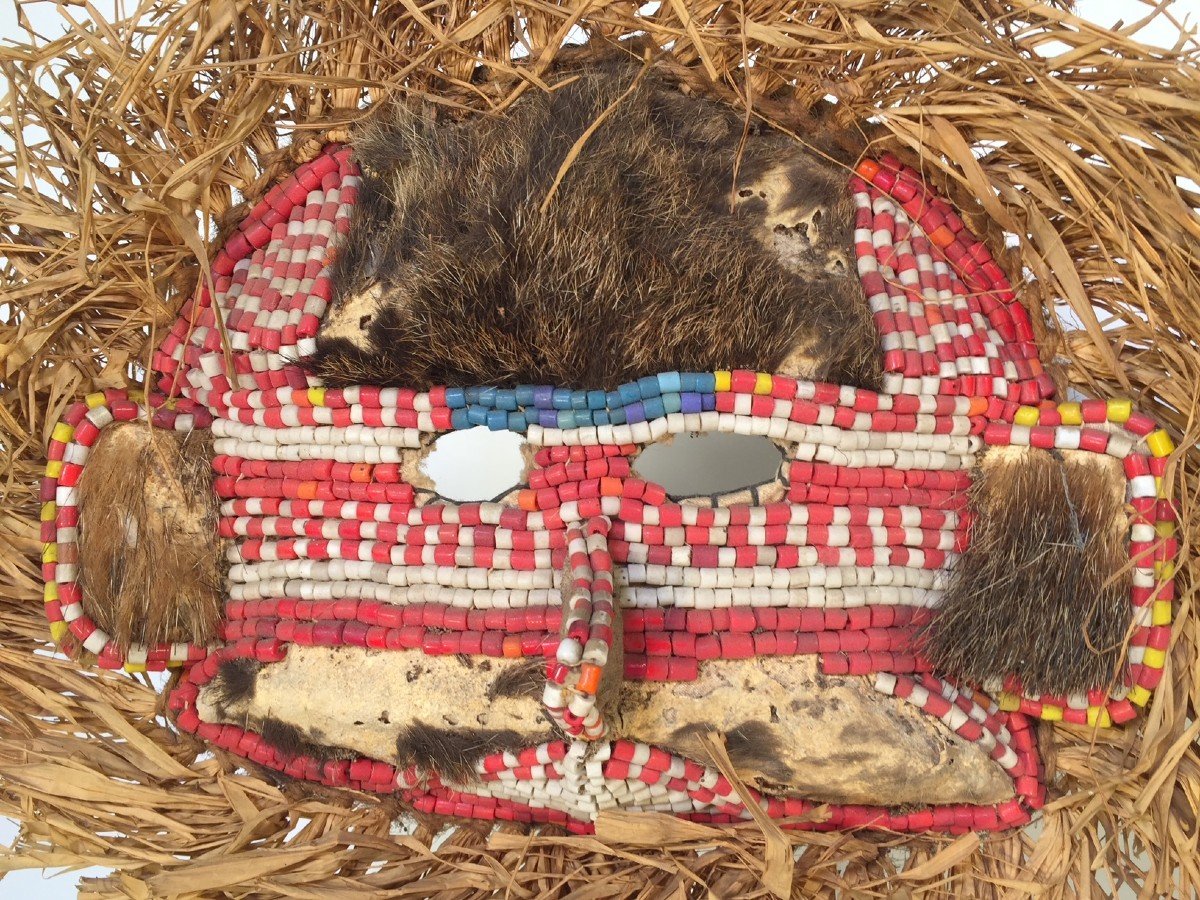 Pair Of African Masks With Beads - Fur And Raffia - Kuba? 1960-photo-4