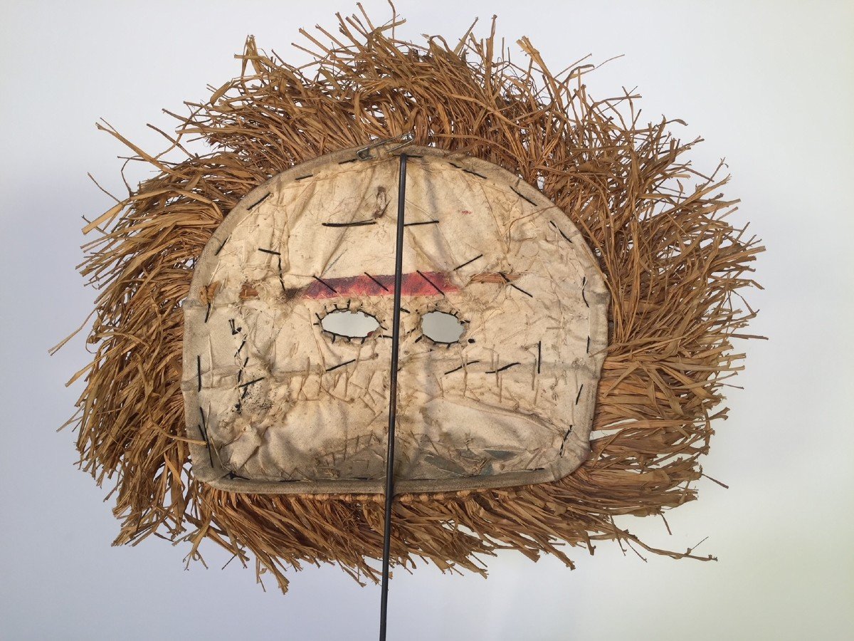 Pair Of African Masks With Beads - Fur And Raffia - Kuba? 1960-photo-4