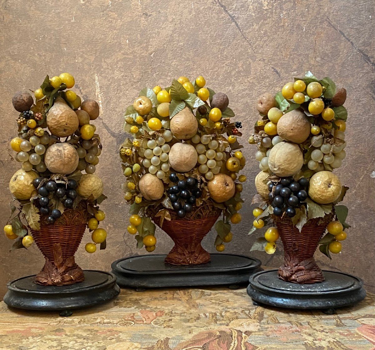 Triumphs Of Fruit In Papier-mâché And Glass Under Glass Bells - Italy, Late 1800s-photo-2