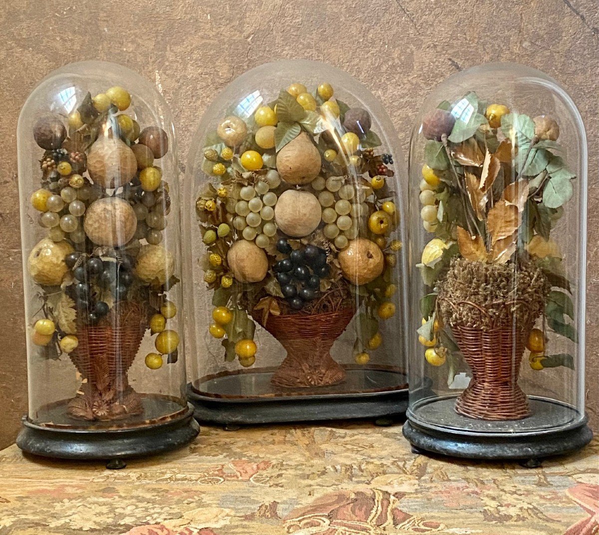 Triumphs Of Fruit In Papier-mâché And Glass Under Glass Bells - Italy, Late 1800s