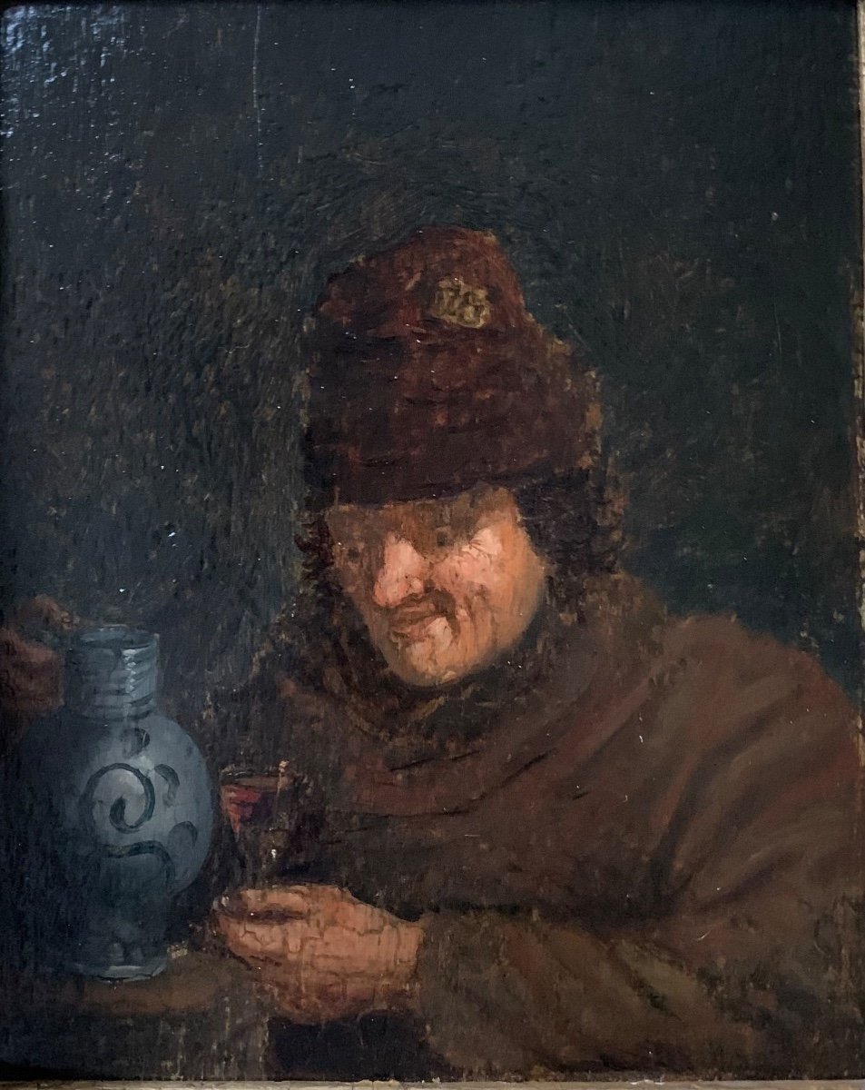 Flemish School Of The XVIIth Monk With A Pitcher Of Wine-photo-2
