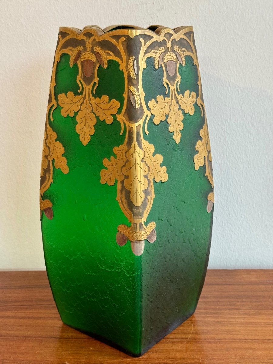 Montjoye Legras Square Vase From The Imperial Green Series.