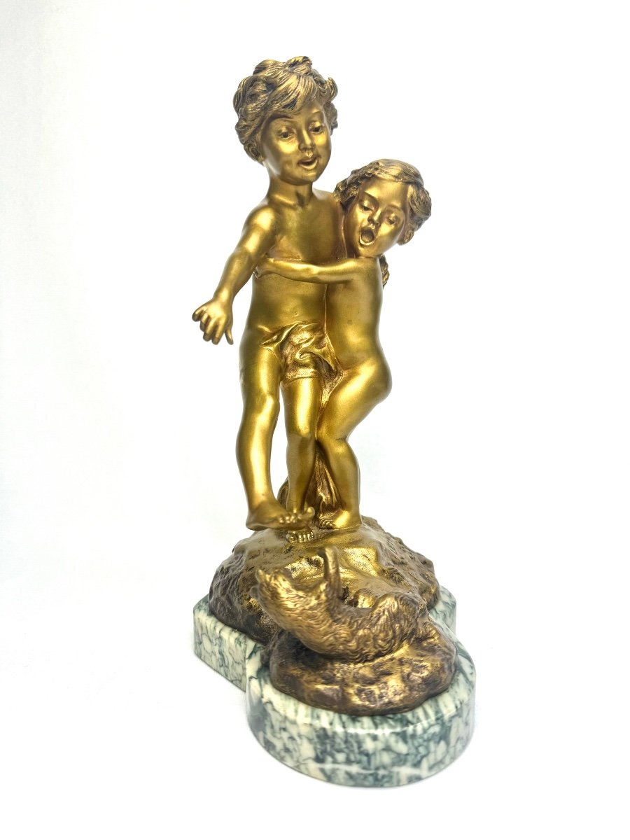 Lemoine - Bronze Sculpture  « kids Playing With A Cat »-photo-4