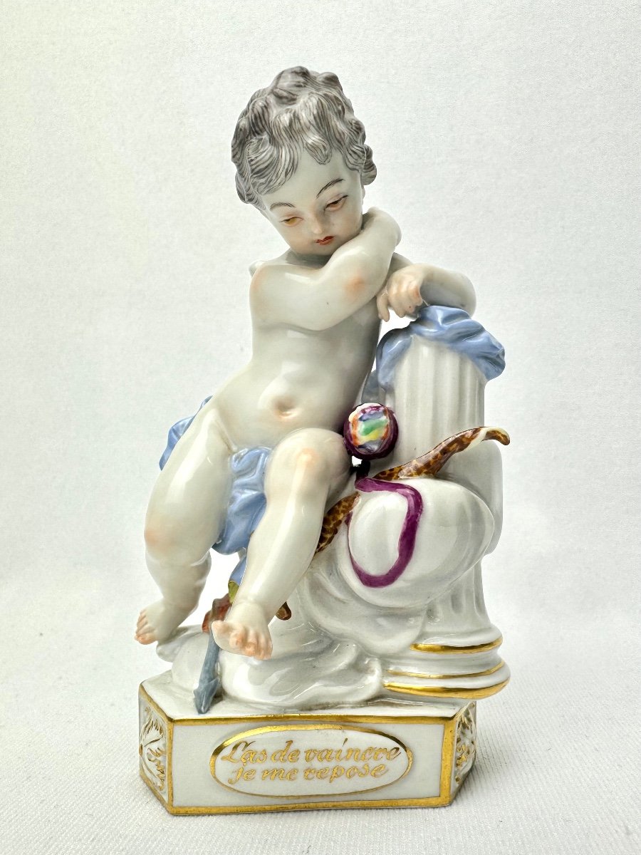 Meissen Porcelain Cupid Figure “weary Of Conquering, I Rest”